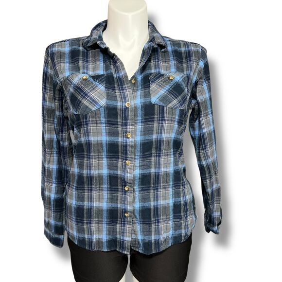 Guide Series Womens Plaid Flannel Shirt Top Collared Button Down Blue Large - Picture 1 of 10